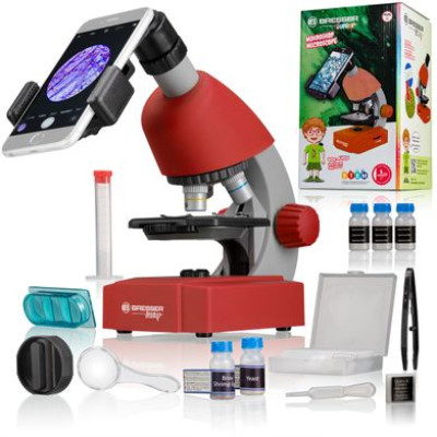 Микроскоп Bresser Junior 40x-640x Red с набором для опытов и адаптером для смартфона